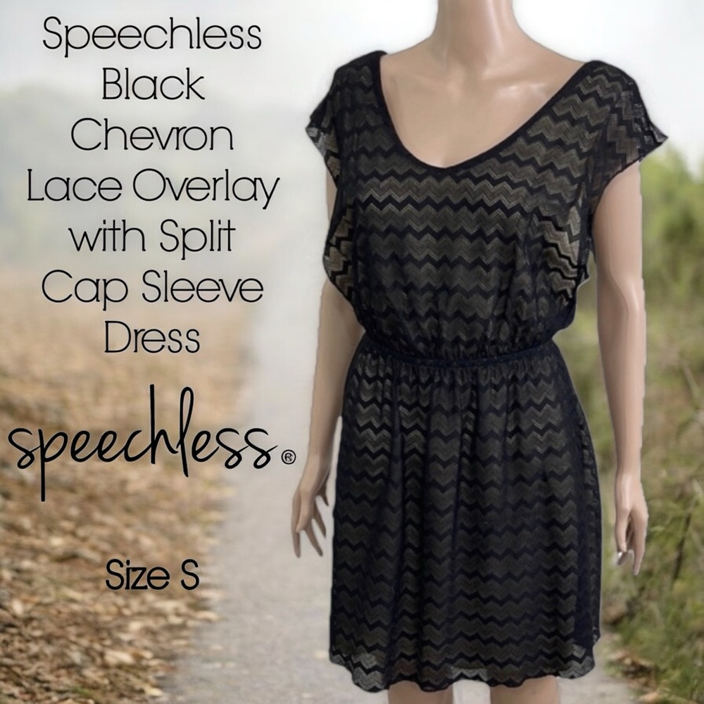Speechless Black Chevron Lace Overlay with Split Cap Sleeve Dress